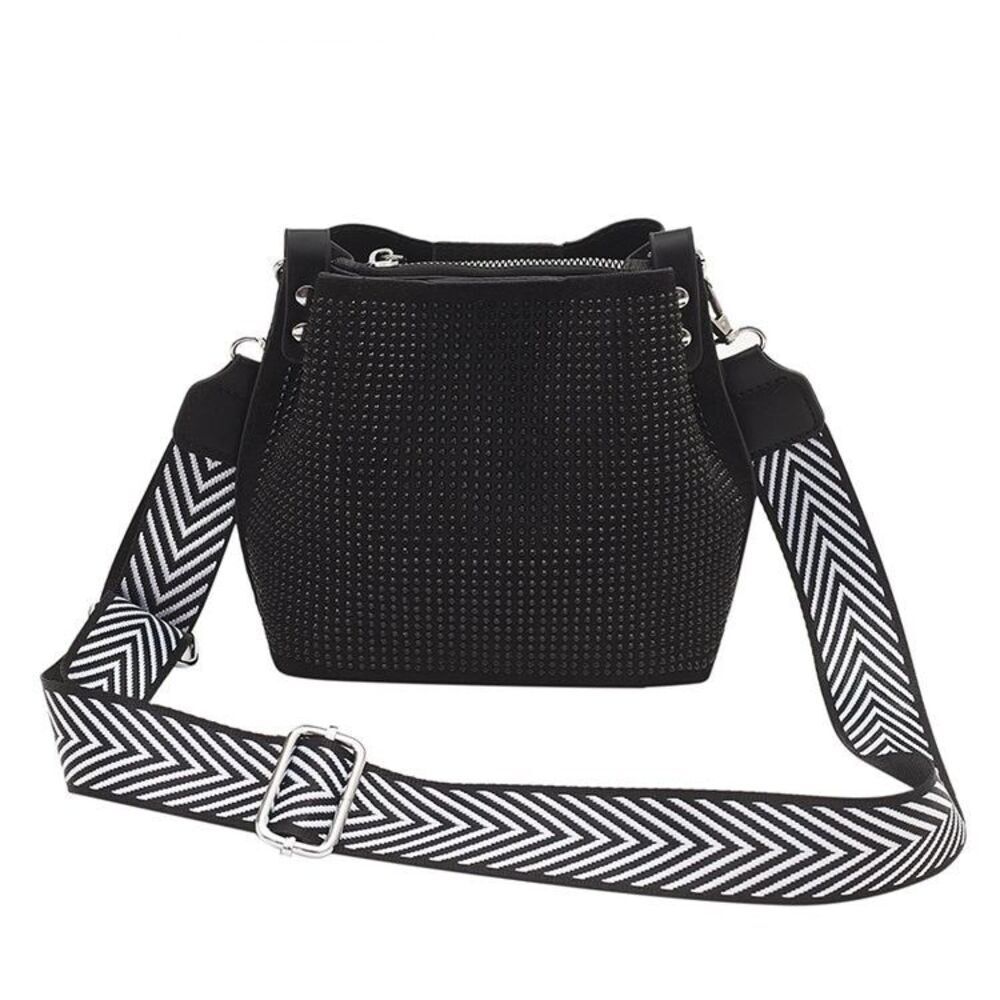 Women's Black And White Bucket Shoulder Bag With Long Wide Strap - Picture 1 of 5
